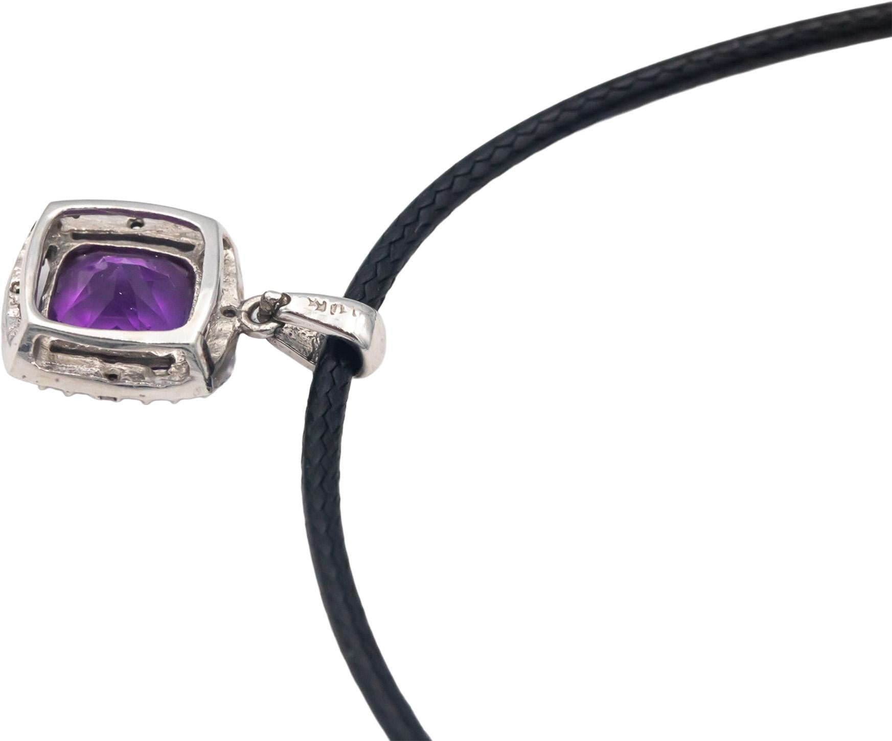 14k White Gold 1.53CT Amethyst and Diamond Halo Pendant Necklace