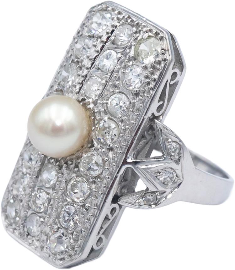 Vintage Antique 14k White Gold 1.25CT & 6.3mm Pearl Cocktail Ring Size 8