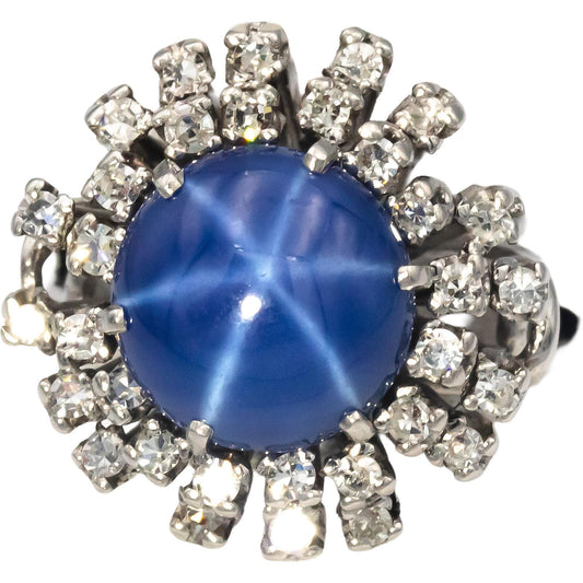 CGL Certified 14k White Gold Diamond & Star Sapphire Cocktail Ring 7.05CT Size 6
