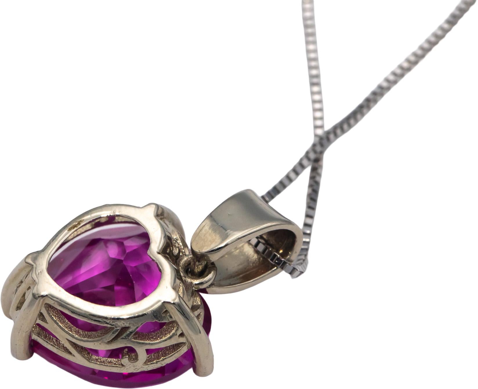14k White Gold 14.0CT Heart Cut Simulated Pink Sapphire Pendant Necklace