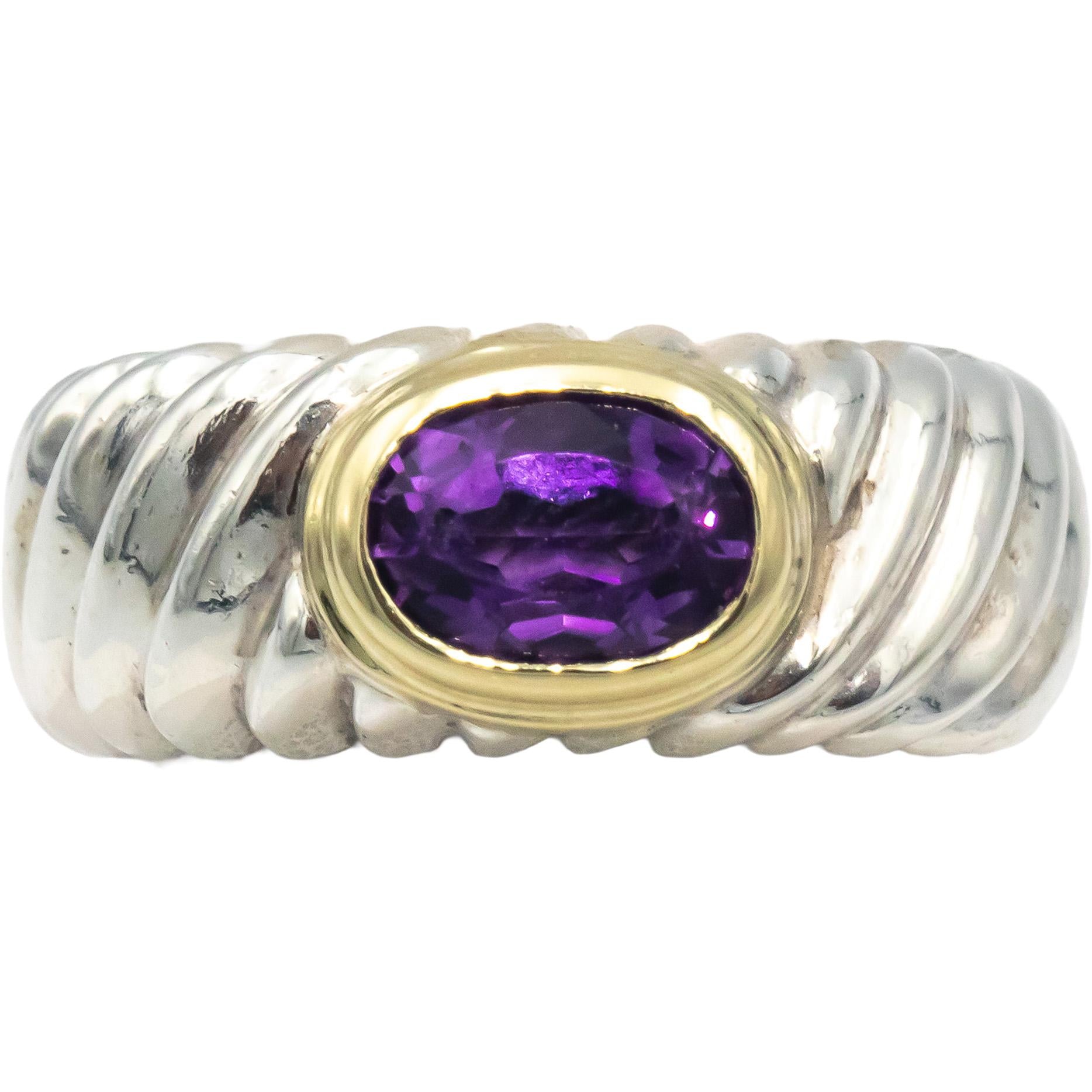 DAVID YURMAN Sterling Silver 14k Gold Amethyst Classic Cable Ring Size 6