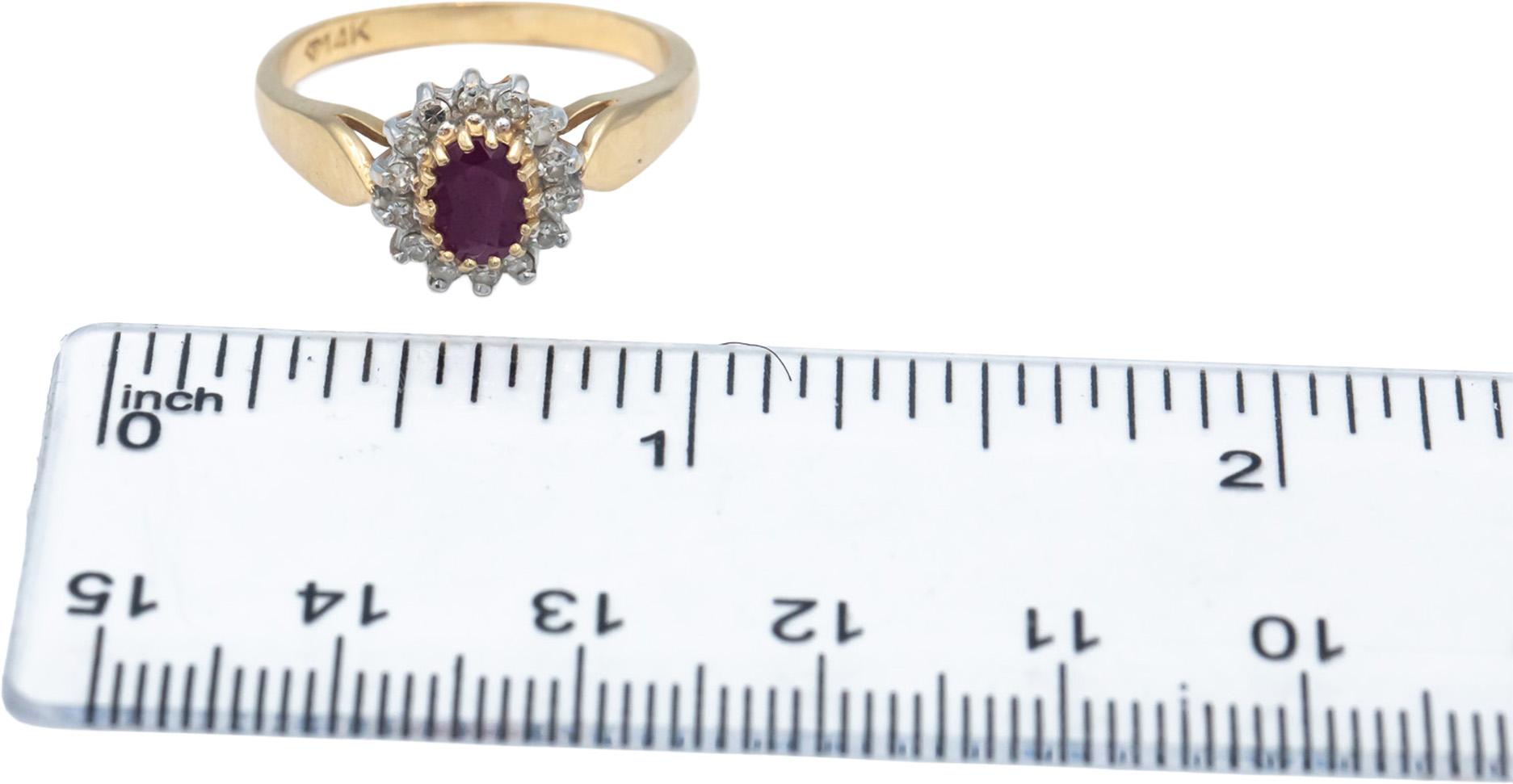 Oval Ruby and Round Diamond 14k Yellow Gold Halo Cocktail Ring Size 7.75