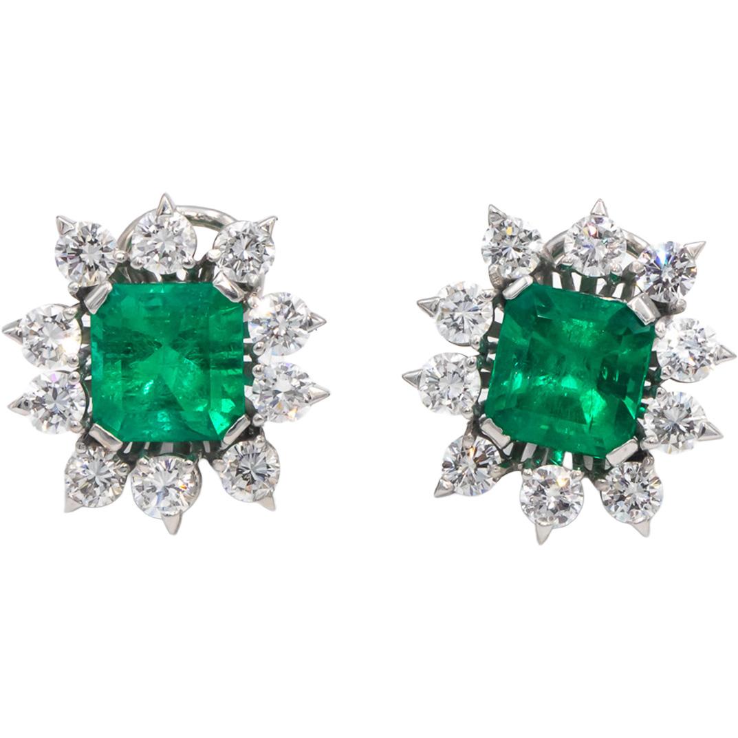 GIA Certified 14k White Gold Colombian Emerald and Round Diamond Earrings 8.05CT