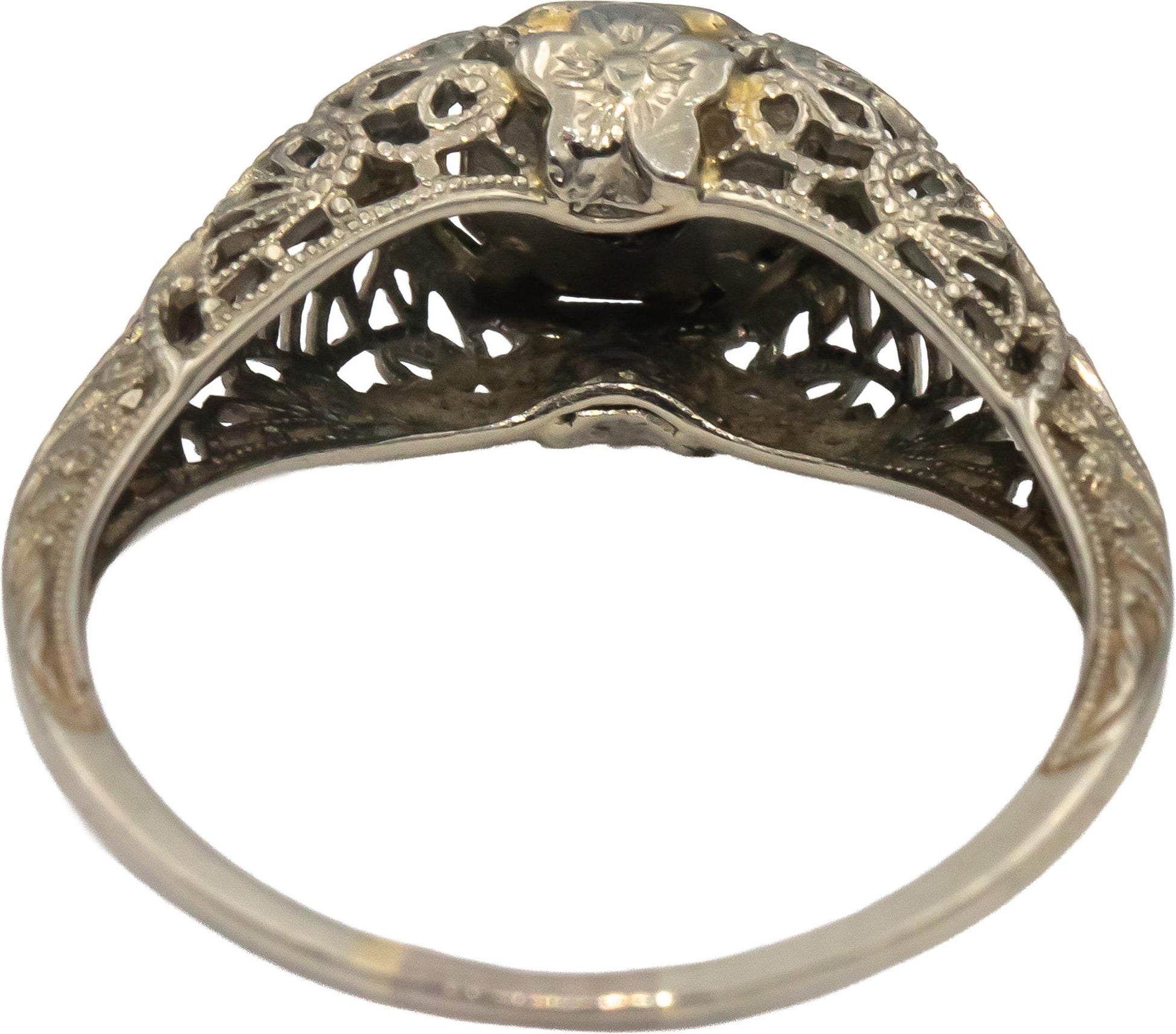 Vintage Antique 18k White Gold VS Diamond Solitaire Filigree Ring 0.10CT Size 8