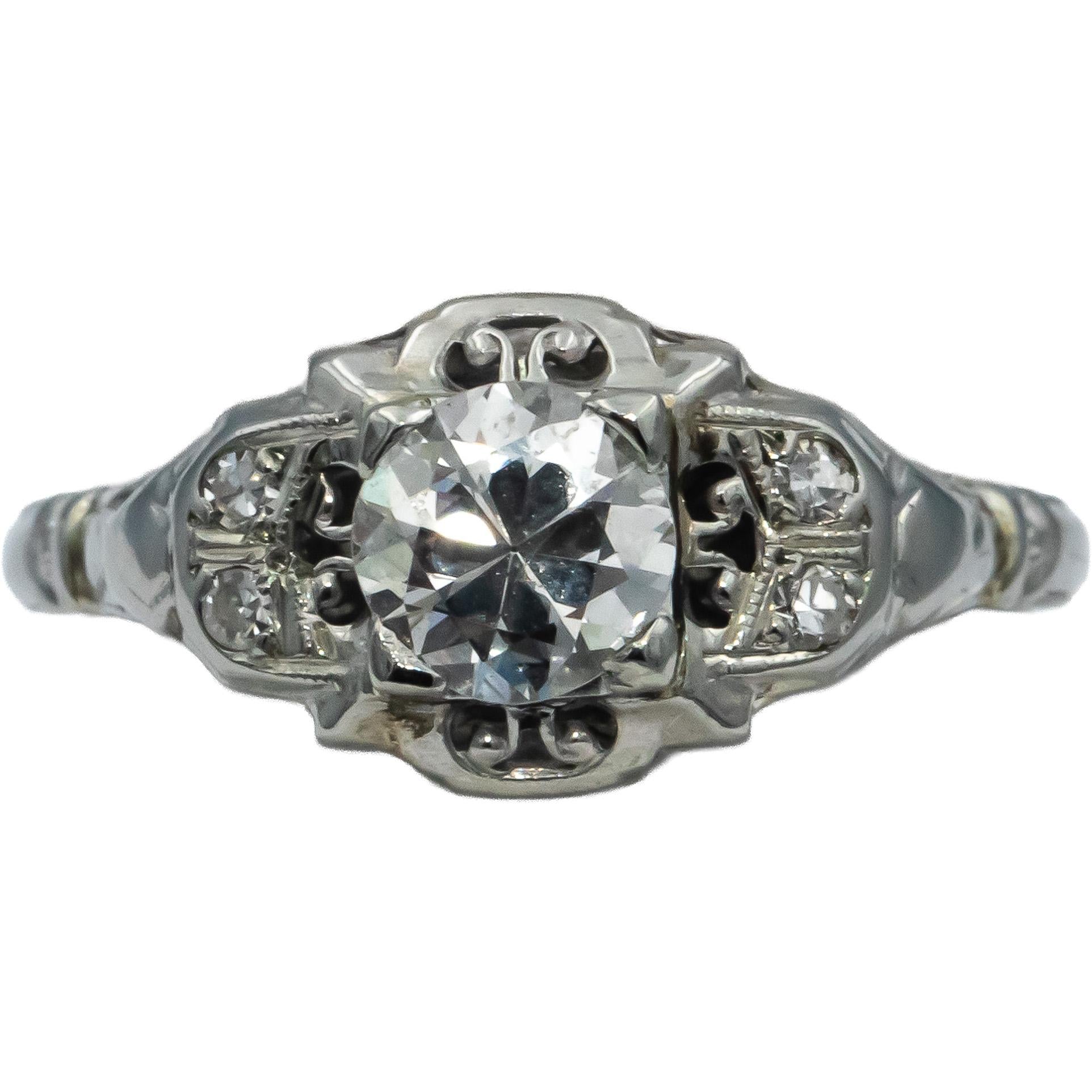 Vintage Antique Old Euro Diamond 14k White Gold Filigree Ring 0.51CT Size 5.75