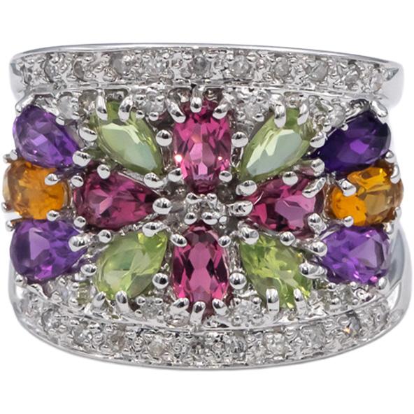 14k White Gold Diamond & Rainbow Gemstone Cluster Cocktail Ring 3.33CT Size 5.25