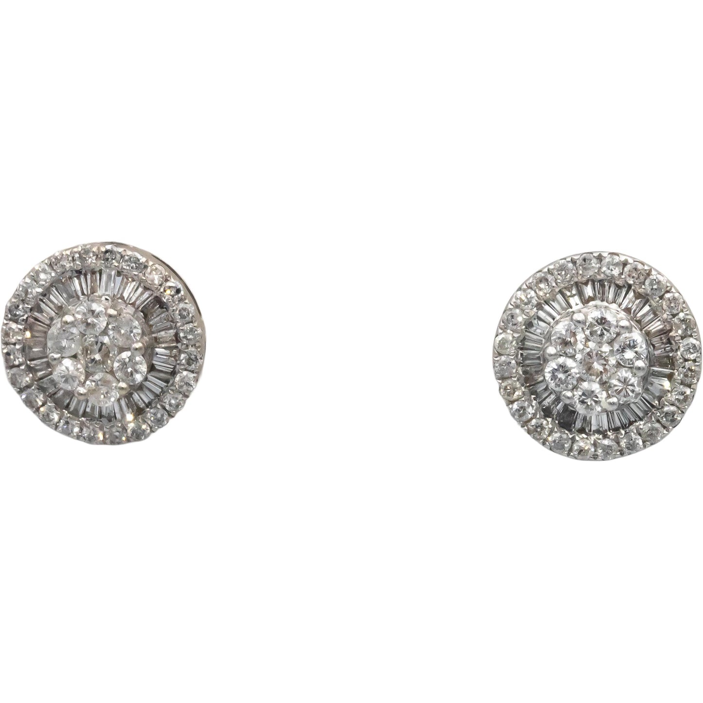 10k White Gold Round & Baguette Cut Diamond Cluster Stud Earrings 1.0CTW