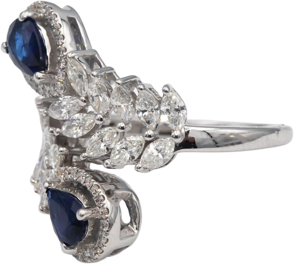 18k White Gold Blue Sapphire & VS Diamond By Pass Cocktail Ring 2.0CT Size 6.5