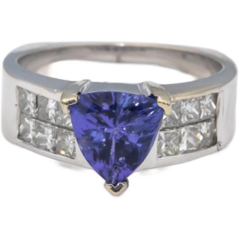14k White Gold Trillion Tanzanite Princess Diamond Cocktail Ring 3.0CTW Size 6.5
