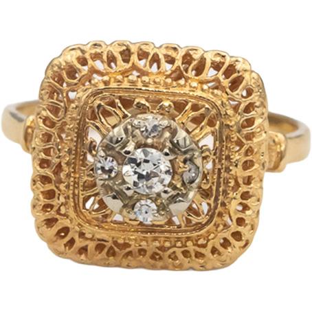 14k Yellow Gold VS Round Diamond Art Deco Filigree Ring 0.15CT Size 9.25