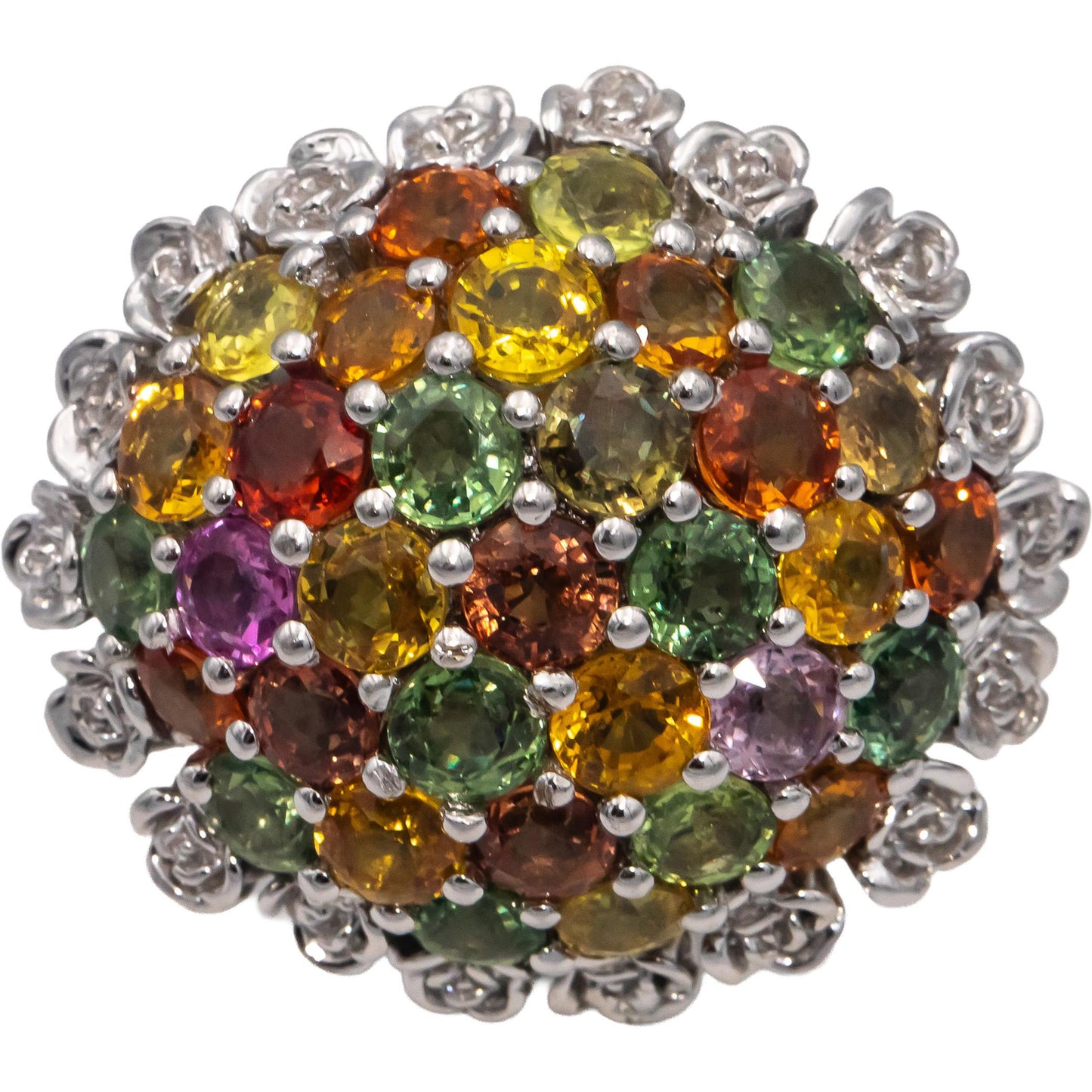 14k White Gold Round Cut Rainbow Sapphire Cluster Dome Ring 10.0CTW Size 8.75