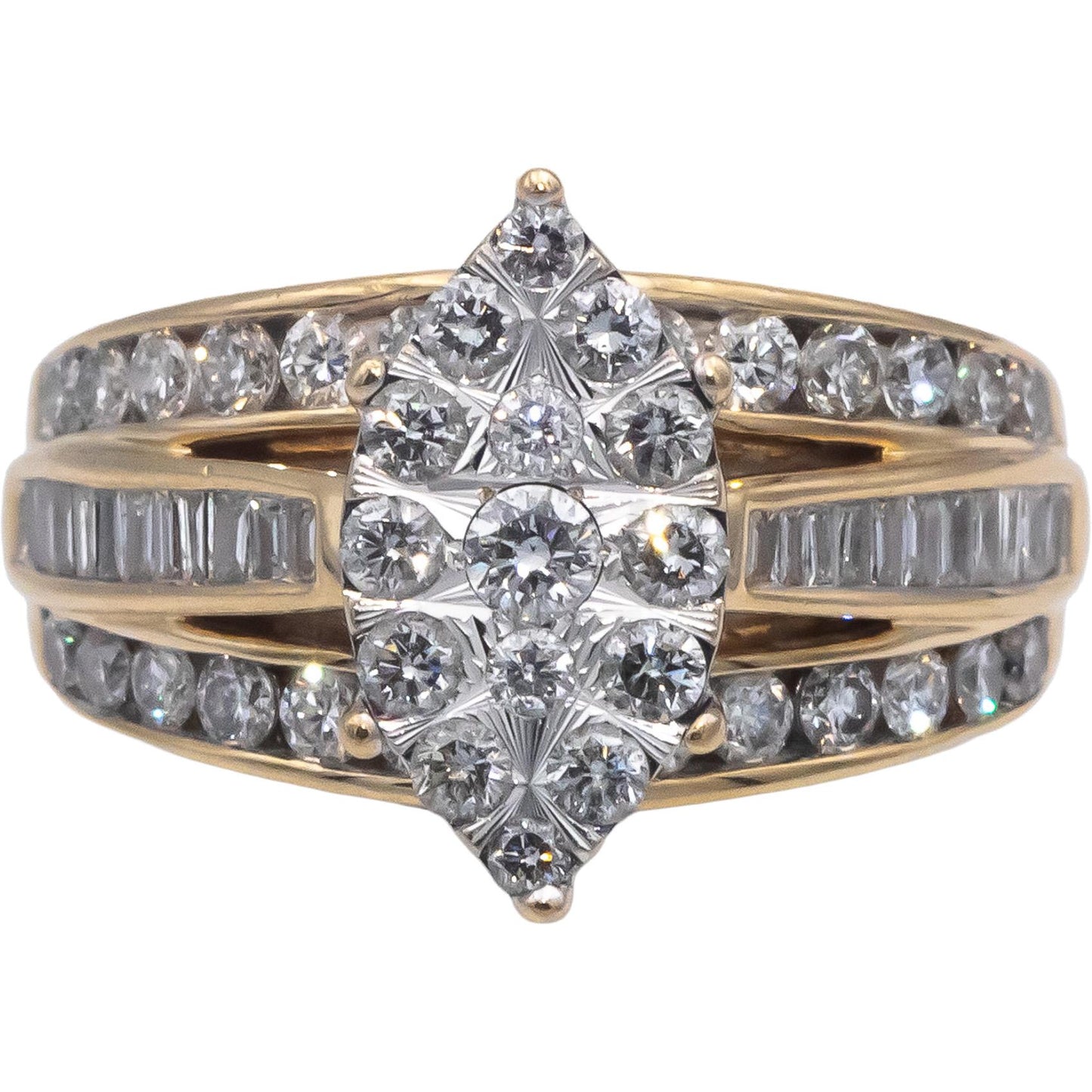 14k Yellow Gold Round & Baguette Diamond Cluster Cocktail Ring 1.50CT Size 7.25