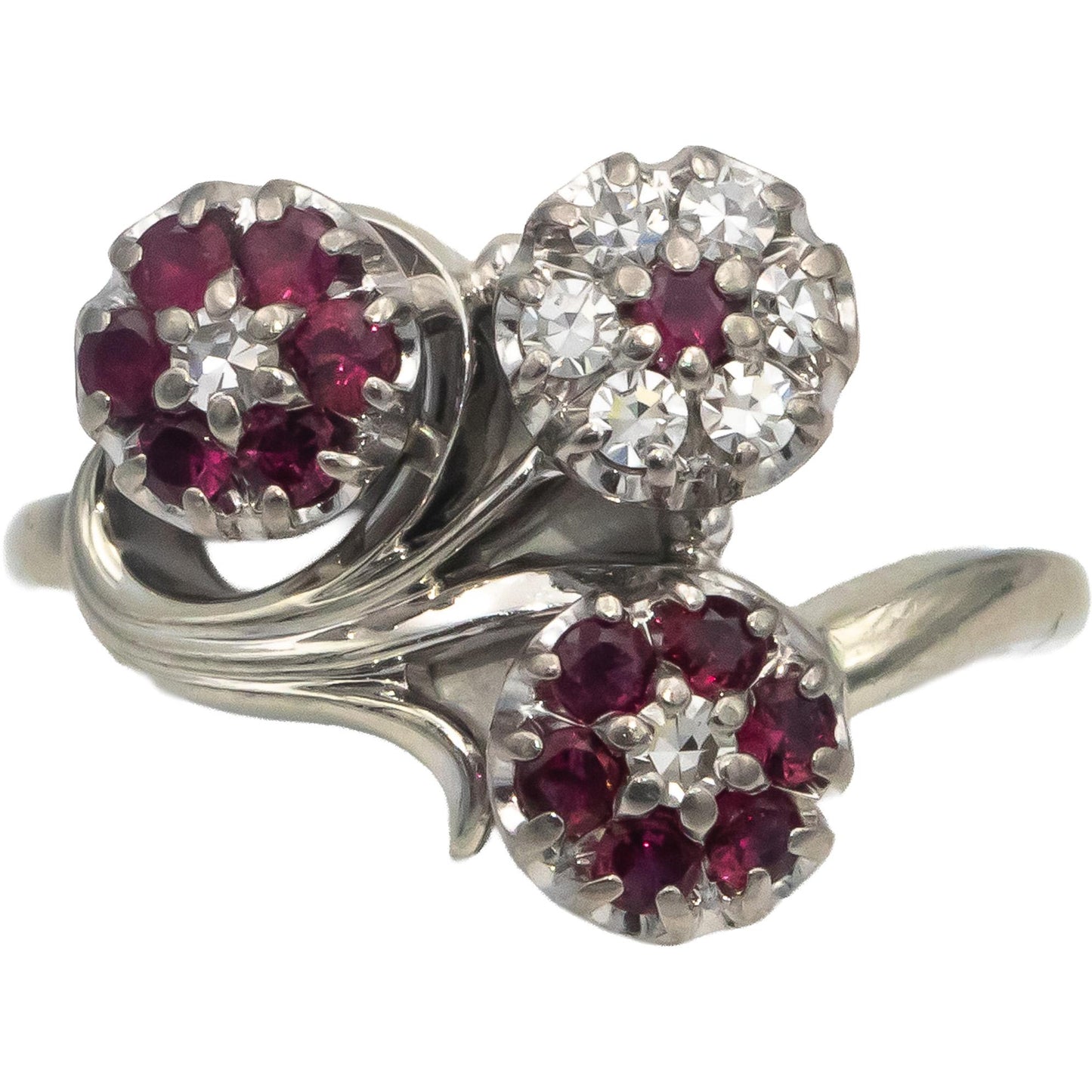 JABEL Vintage 18k White Gold Ruby & VS Diamond Flower Ring 0.40CT Size 6