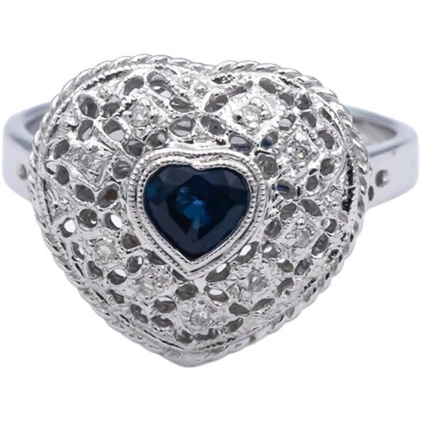 14k White Gold Blue Sapphire & Diamond Heart Filigree Ring 0.42CT Size 7