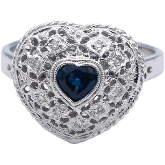 14k White Gold Blue Sapphire & Diamond Heart Filigree Ring 0.42CT Size 7