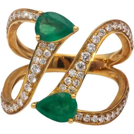 18k Yellow Gold Pear Cut Emerald VS Round Diamond By Pass Ring 1.50CT Size 7.25