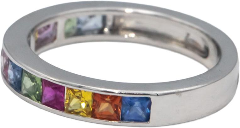 18k White Gold Square Channel Set Rainbow Sapphire Band Ring 1.52CT Size 7