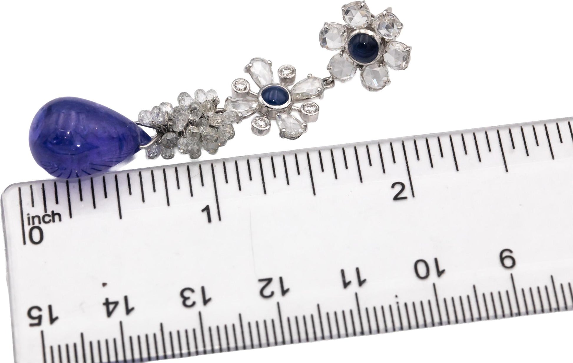 18k White Gold Diamond Sapphire Tanzanite Drop Dangle Flower Earrings 18.60CTW