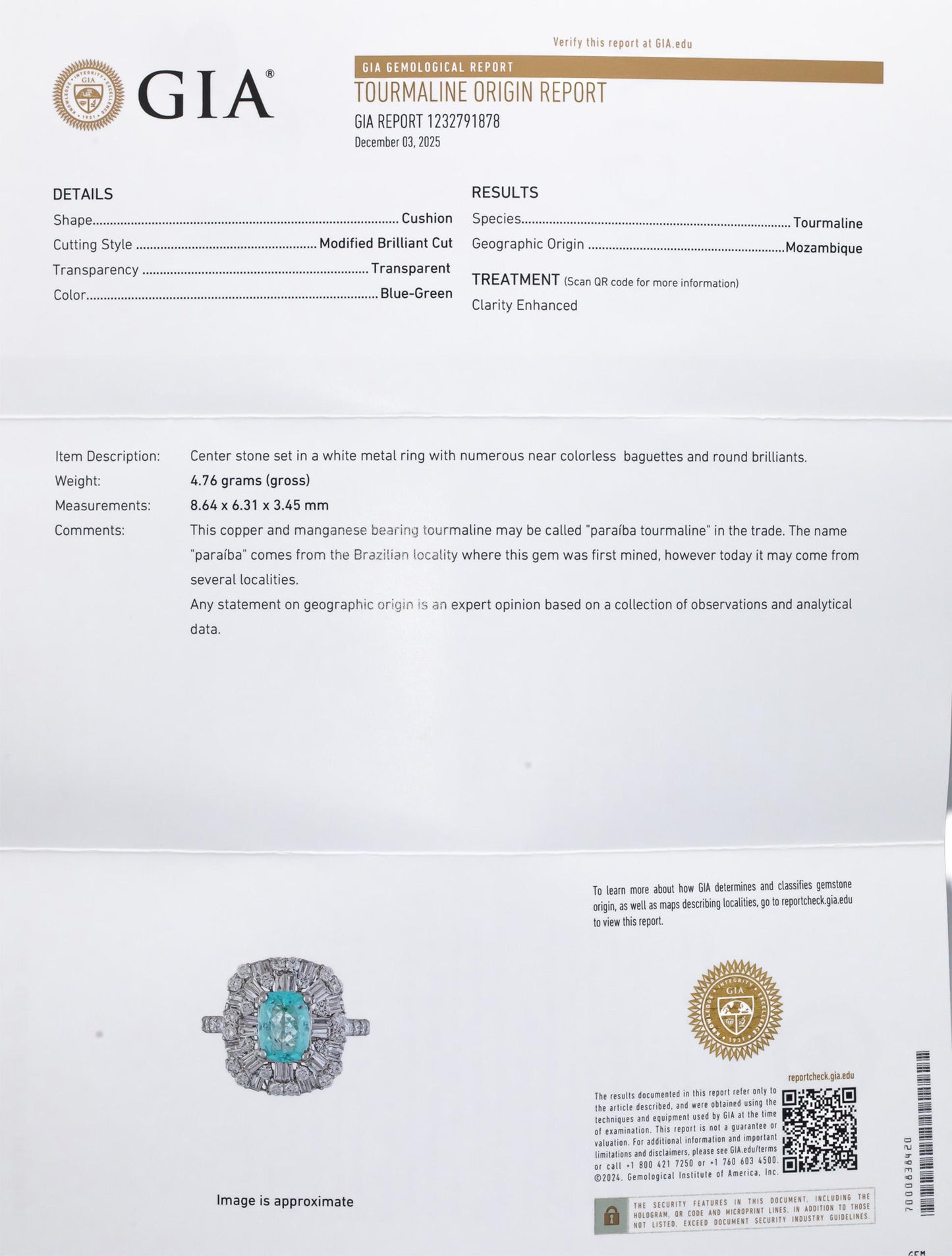 GIA Certified 18k White Gold Paraiba Tourmaline & Diamond Ring 2.85CTW Size 7