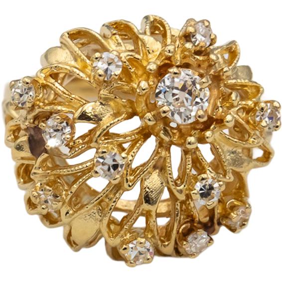 Vintage 14k Yellow Gold Diamond Cocktail Ring 0.60CT w/ 0.30CT Center Size 7.5