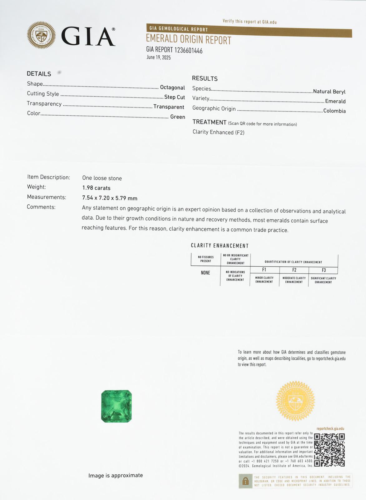 GIA Certified Natural Colombian Emerald Octagonal Cut Loose Gemstone 1.98CT