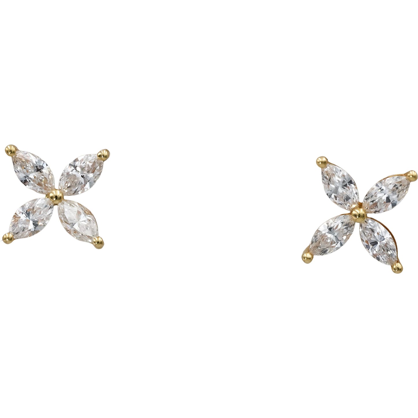18k Yellow Gold Marquise Cut Diamond Flower Stud Earrings 1.0CT