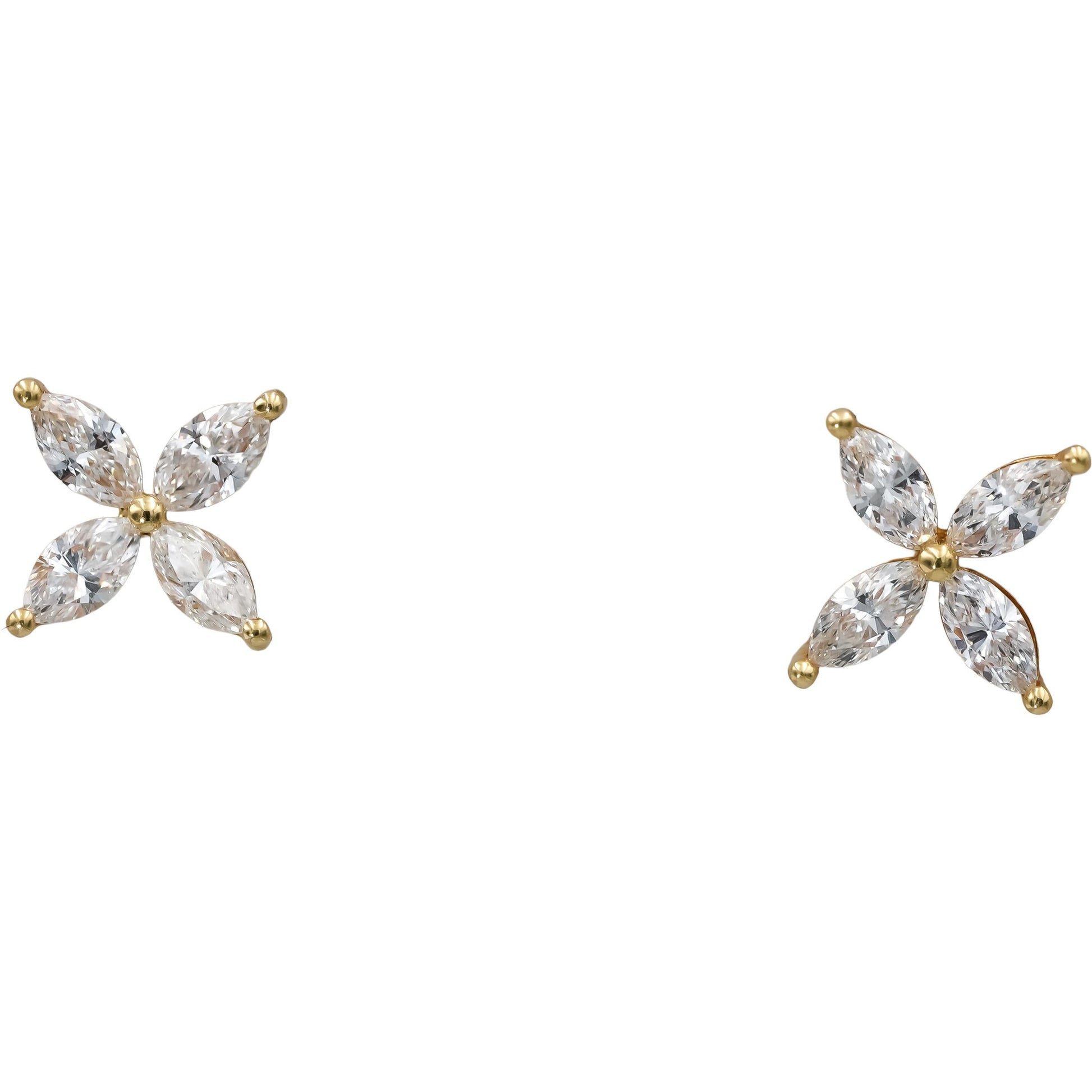 18k Yellow Gold Marquise Cut Diamond Flower Stud Earrings 1.0CT