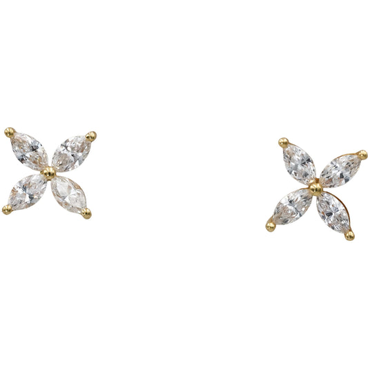 18k Yellow Gold Marquise Cut Diamond Flower Stud Earrings 1.0CT