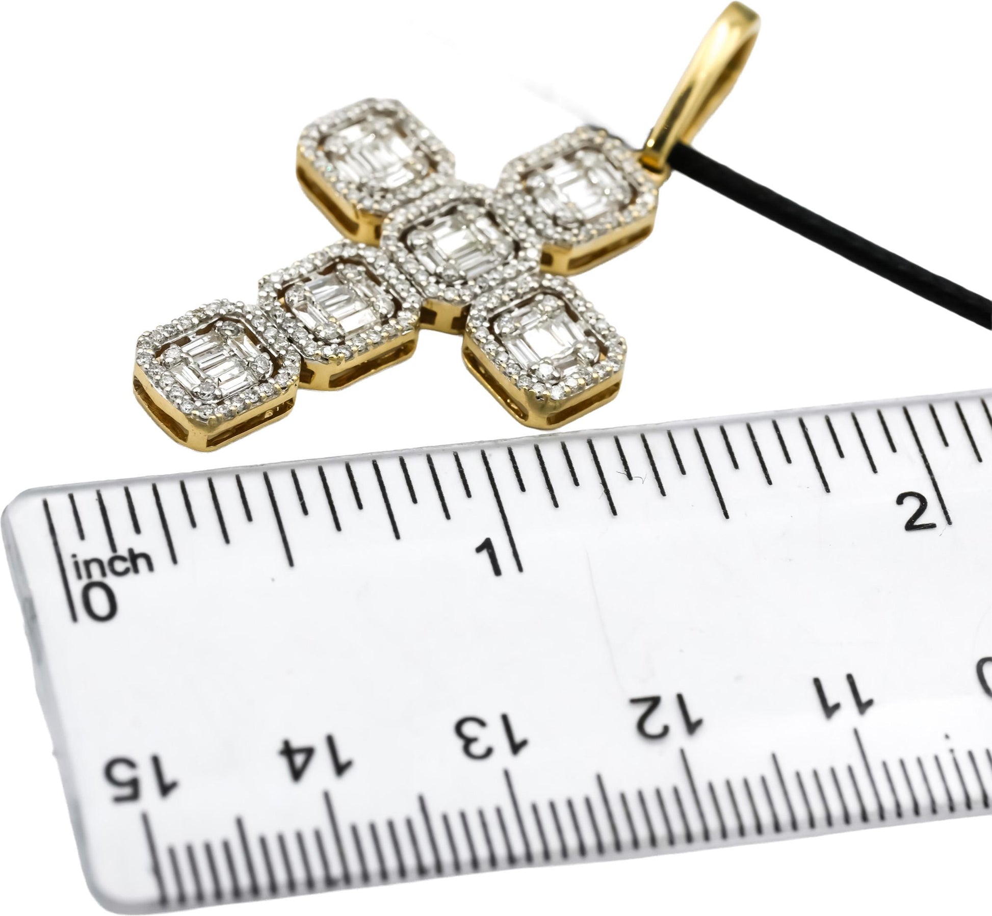 14k Yellow Gold Round and Baguette Cut Diamond Cross Crucifix Pendant 3.0CT