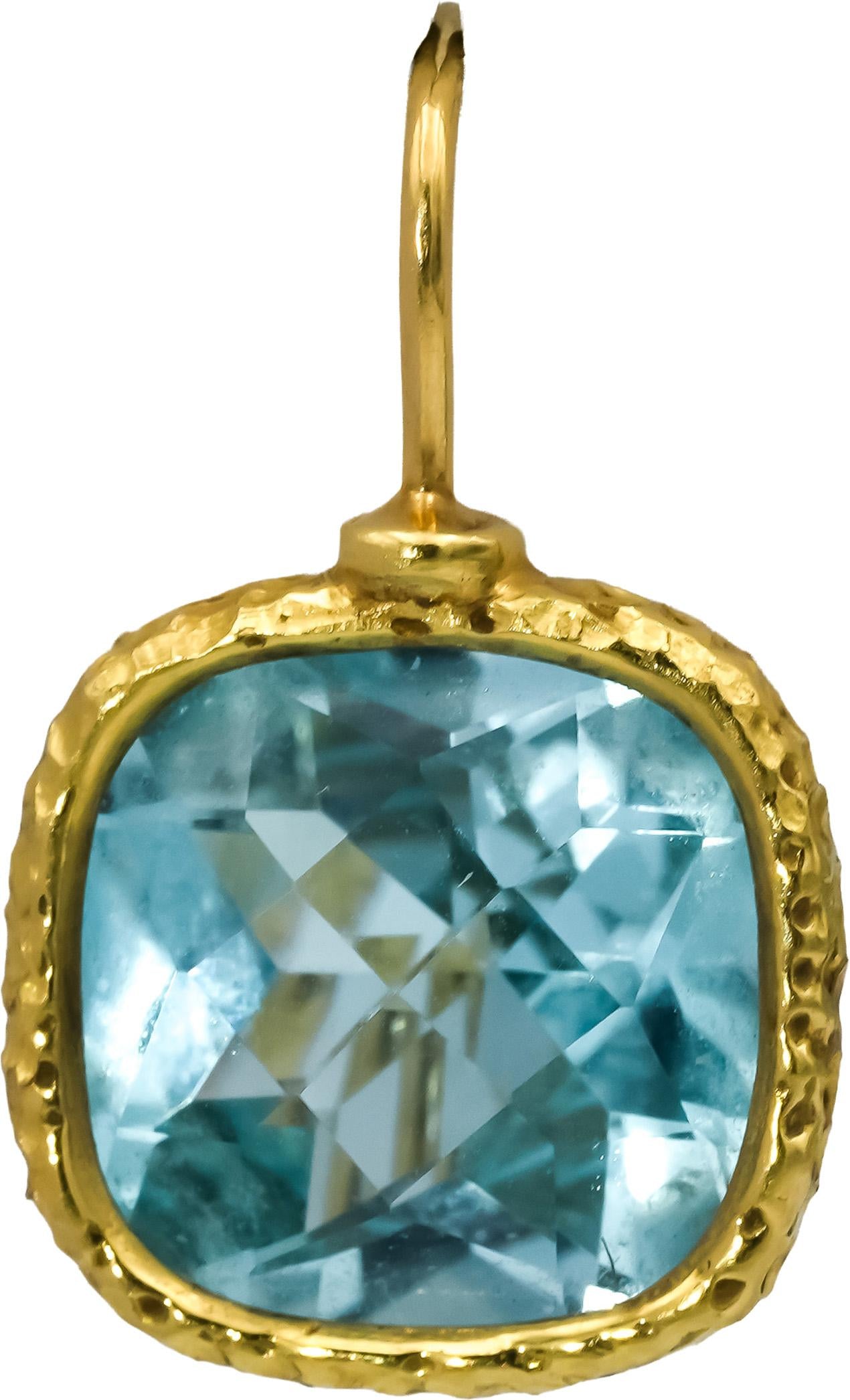 18k Yellow Gold Blue Topaz Hand Hammered Dangle Earrings 15.0CT