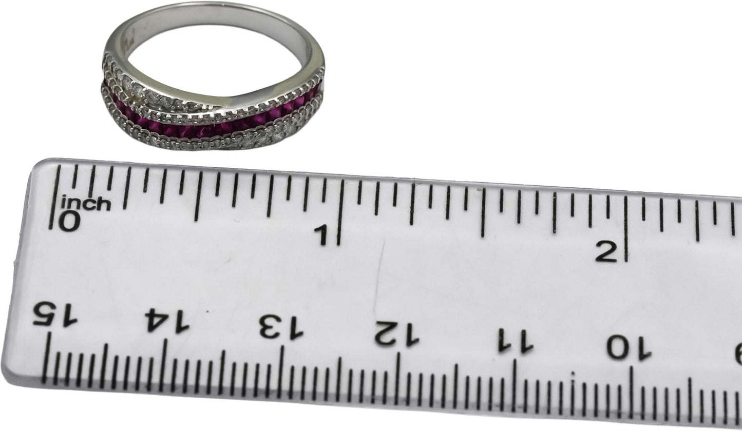 18k White Gold Diamond and Ruby Crossover Band Ring 0.78CT Size 6.75