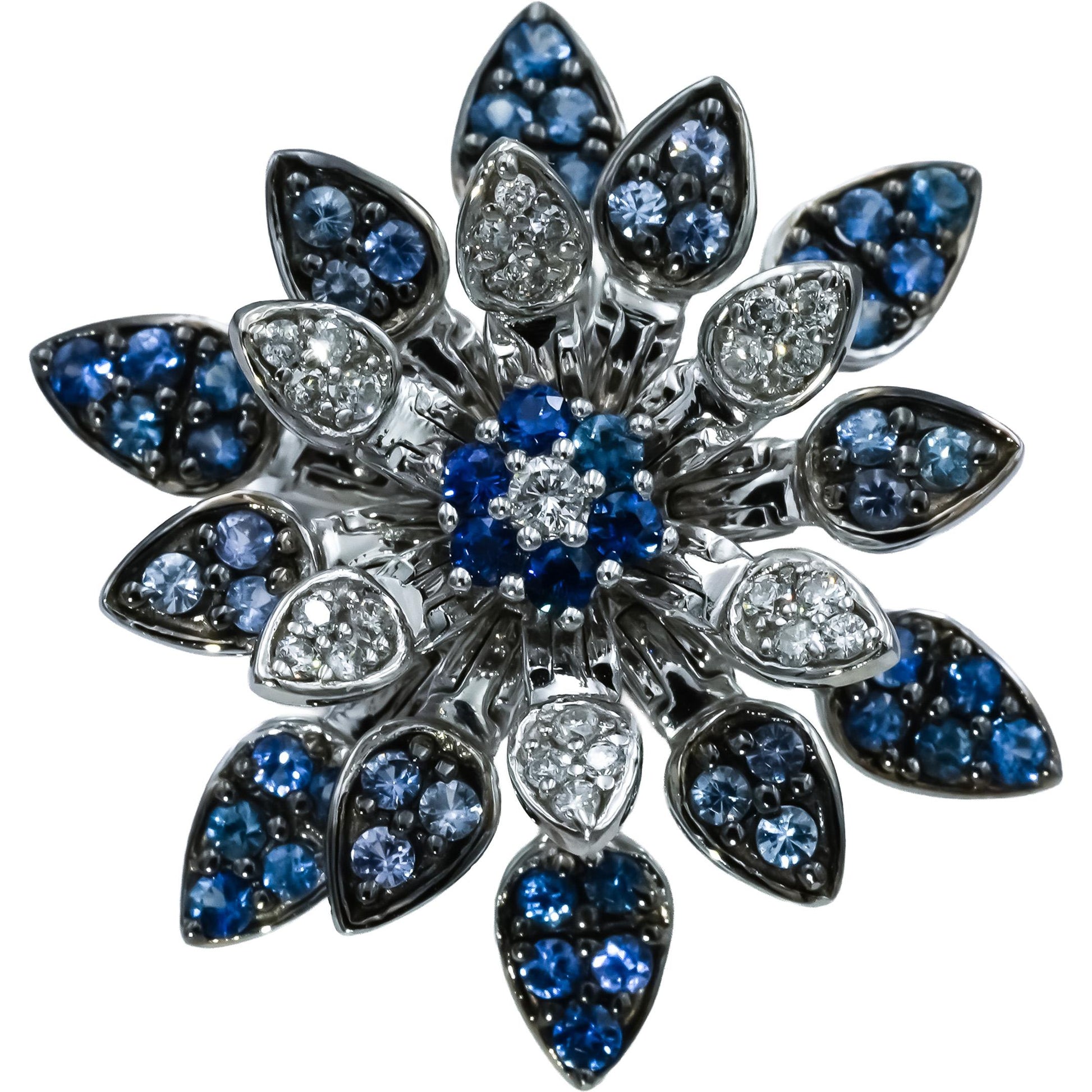 EFFY 14k White Gold Diamond & Sapphire Moving Petals Floral Ring 1.05CT Size 7.5
