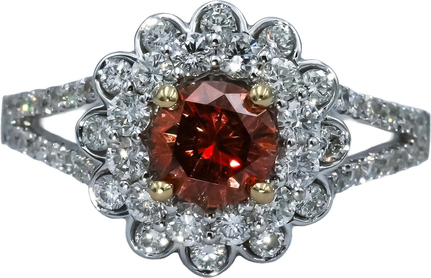 18k White Gold Orange and White Diamond Flower Cocktail Ring 1.75CT Size 6.75