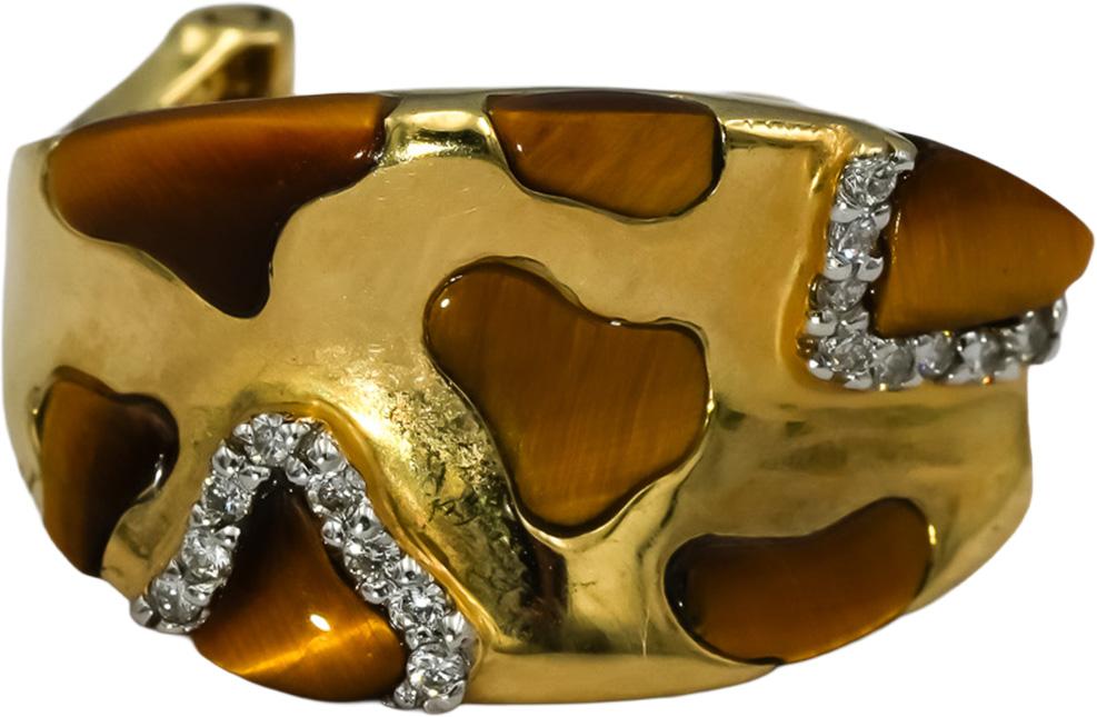 14k Yellow Gold Diamond and Tiger's Eye Curved Earrings 0.30CT