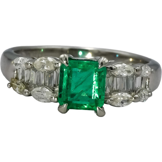 Platinum Baguette Marquise Diamond and Oval Emerald Cocktail Ring 1.30CT Sz 6.5