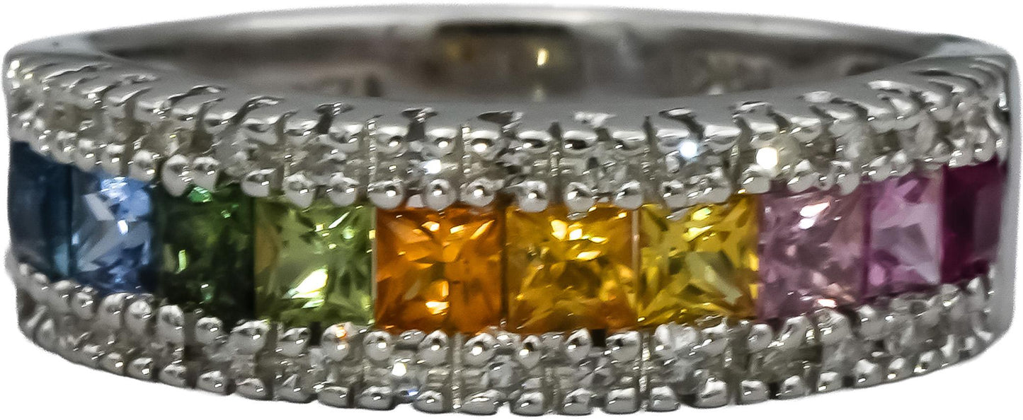 EFFY 14k White Gold Diamond and Multi Color Sapphire Band Ring 1.10CT Size 7