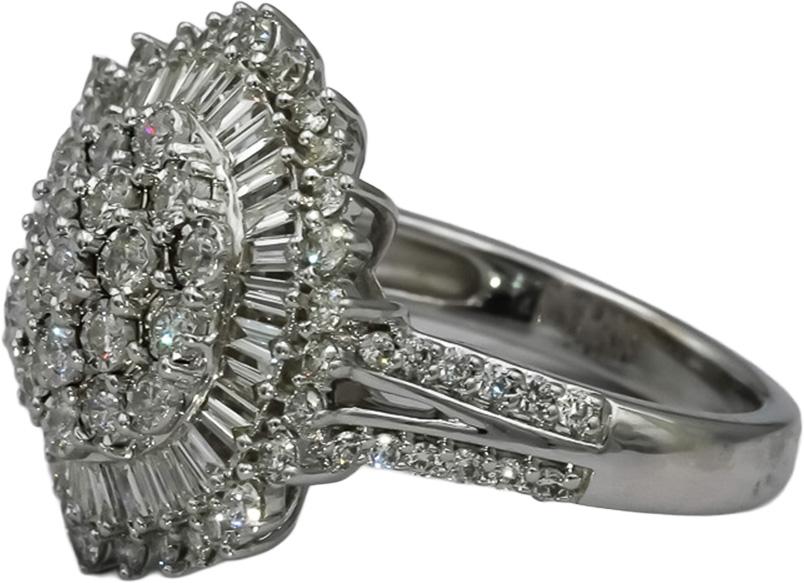 14k White Gold VS Round and Baguette Diamond Cluster Ring 1.50CT Size 7.25