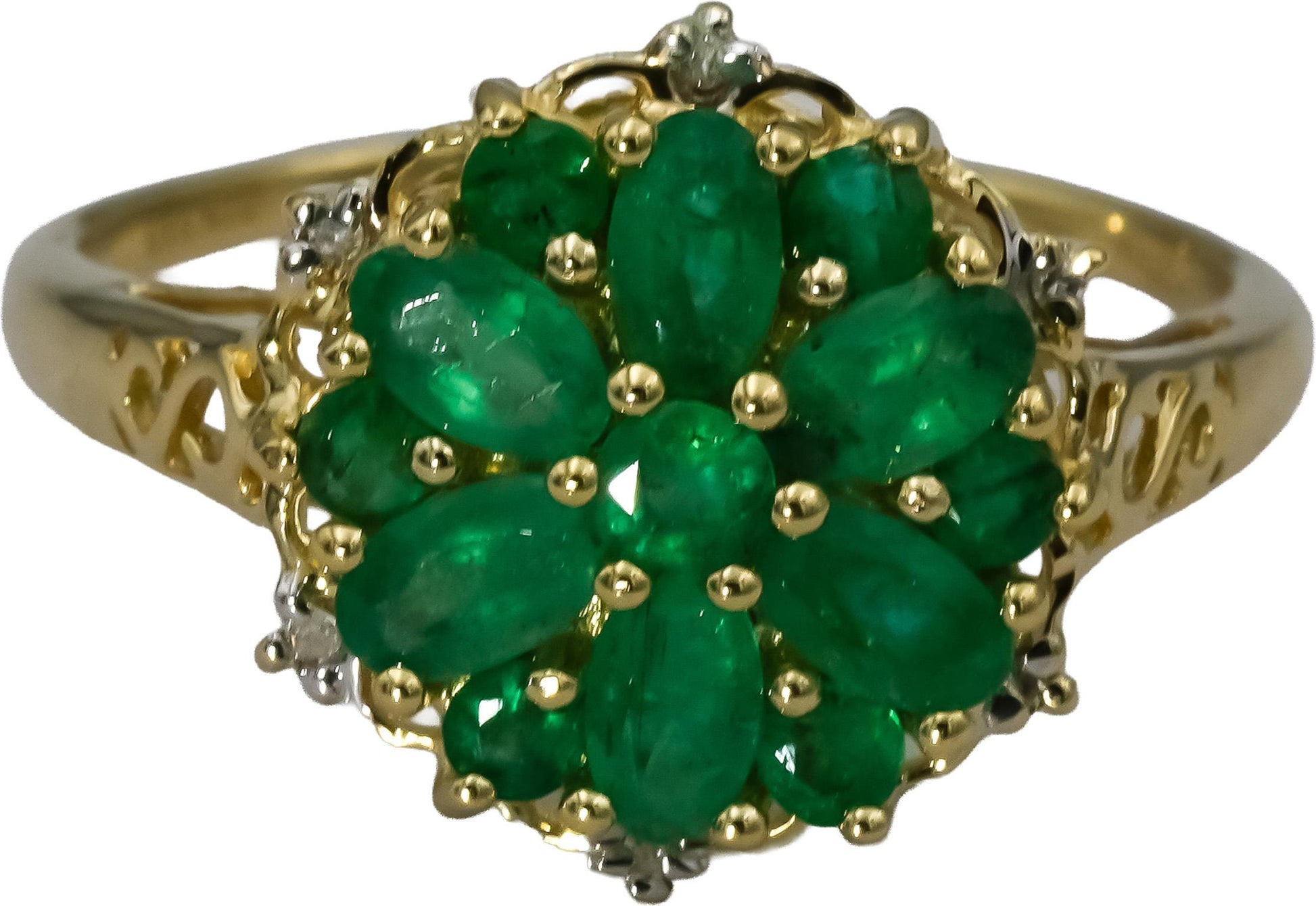 14k Yellow Gold Round & Oval Cut Emerald Ring 1.50CT Size 11 w/ Diamond Accents