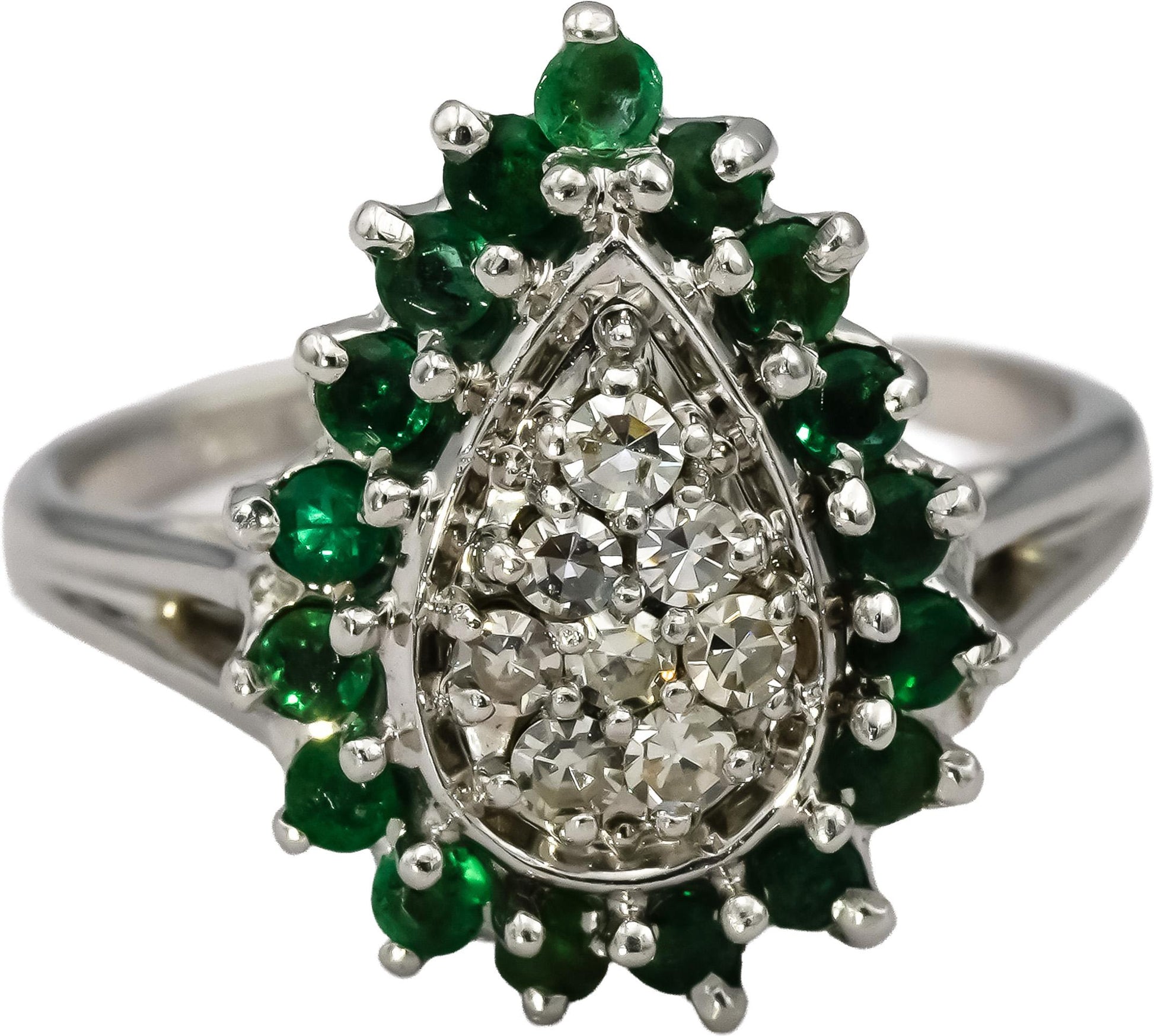 Vintage 14k White Gold Diamond & Emerald Cluster Cocktail Ring 0.61CT Size 8.25