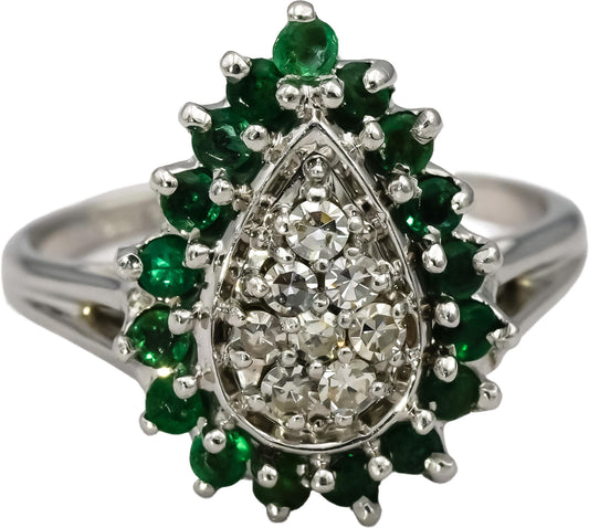 Vintage 14k White Gold Diamond & Emerald Cluster Cocktail Ring 0.61CT Size 8.25