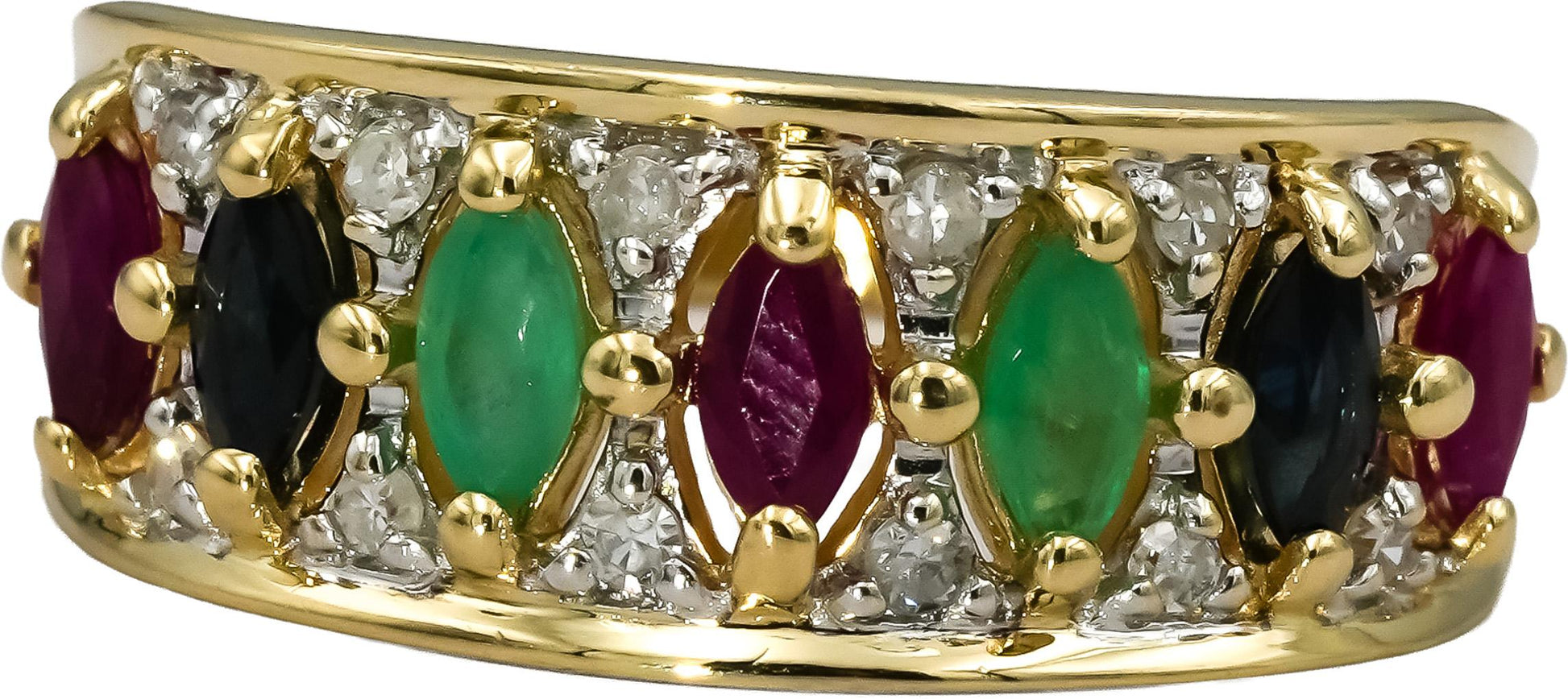 14k Yellow Gold Diamond Ruby Emerald Sapphire Band Ring 1.10CT Size 9
