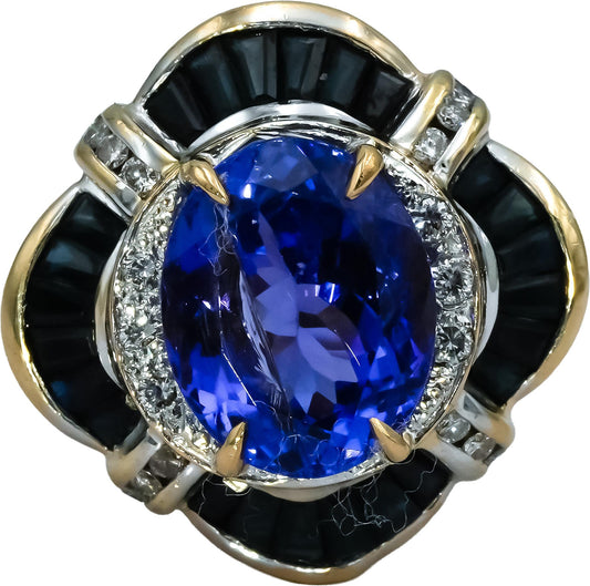 14k Yellow Gold Diamond Tanzanite Sapphire Cocktail Ring 5.76CT Size 9