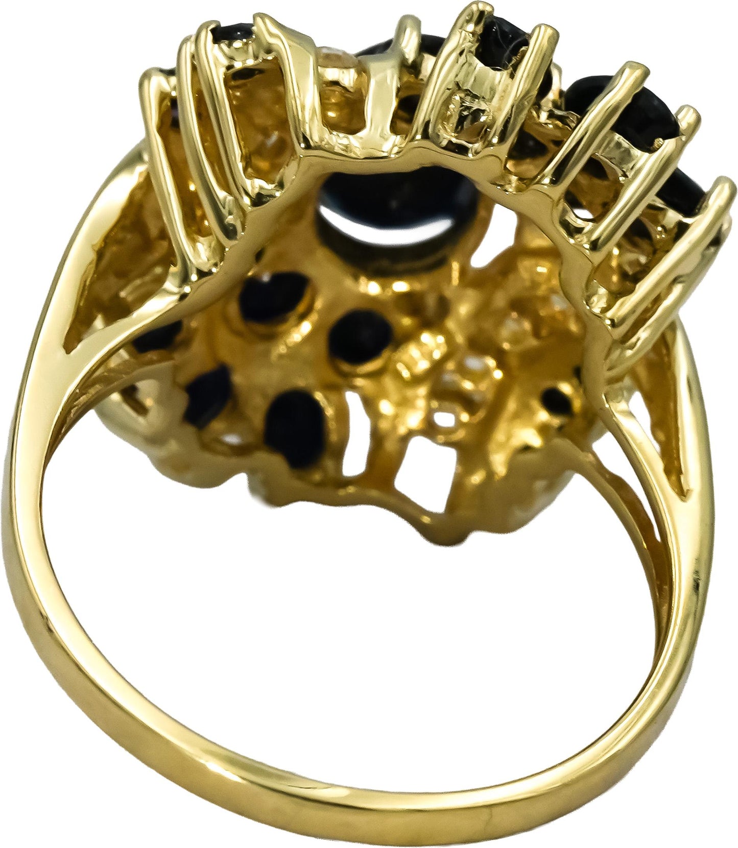 14k Yellow Gold White and Blue Sapphire Cluster Cocktail Ring 3.0CT Size 8.5