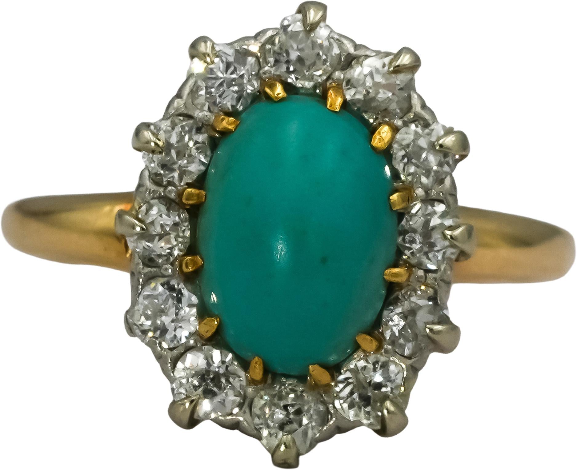 Antique Vintage Deco 18k Yellow Gold Diamond and Turquoise Ring 0.75CT Size 5