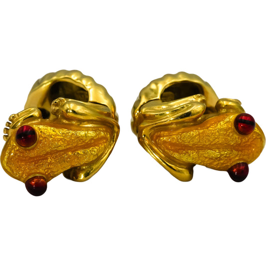 Designer 18k Yellow Gold Enamel Frog Earrings