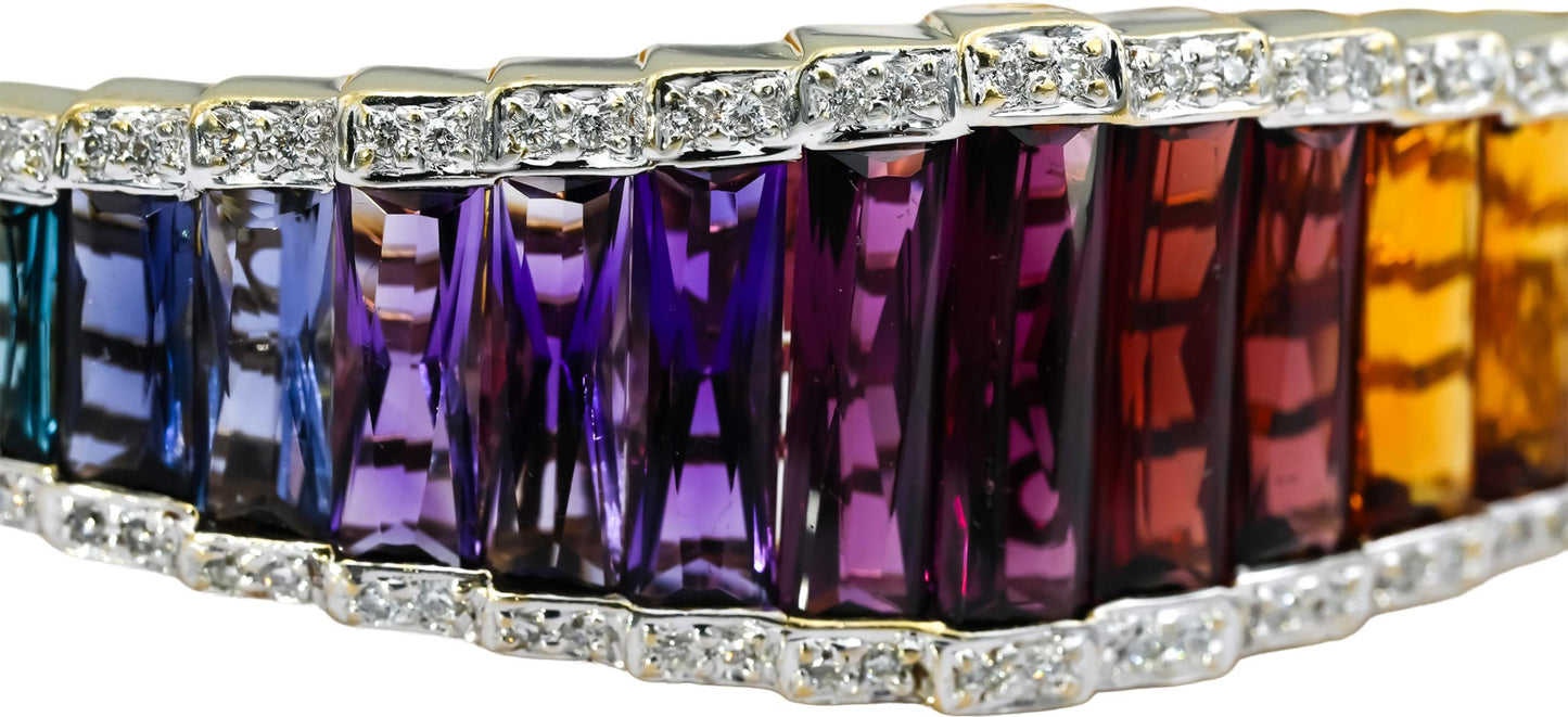 BELLARI 18k Yellow Gold Diamond and Rainbow Gemstone Bangle Bracelet 0.20CT
