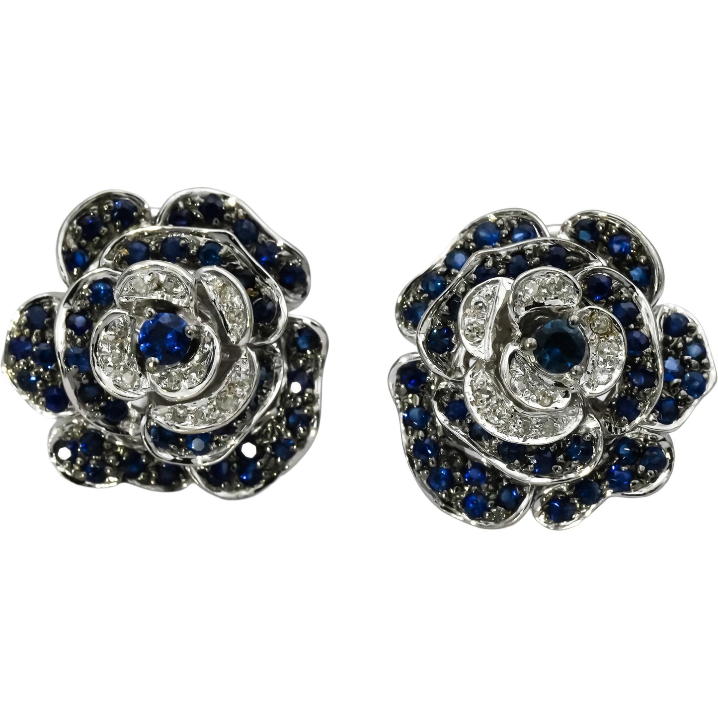 14k White Gold Diamond and Sapphire Flower Earrings 1.50CT