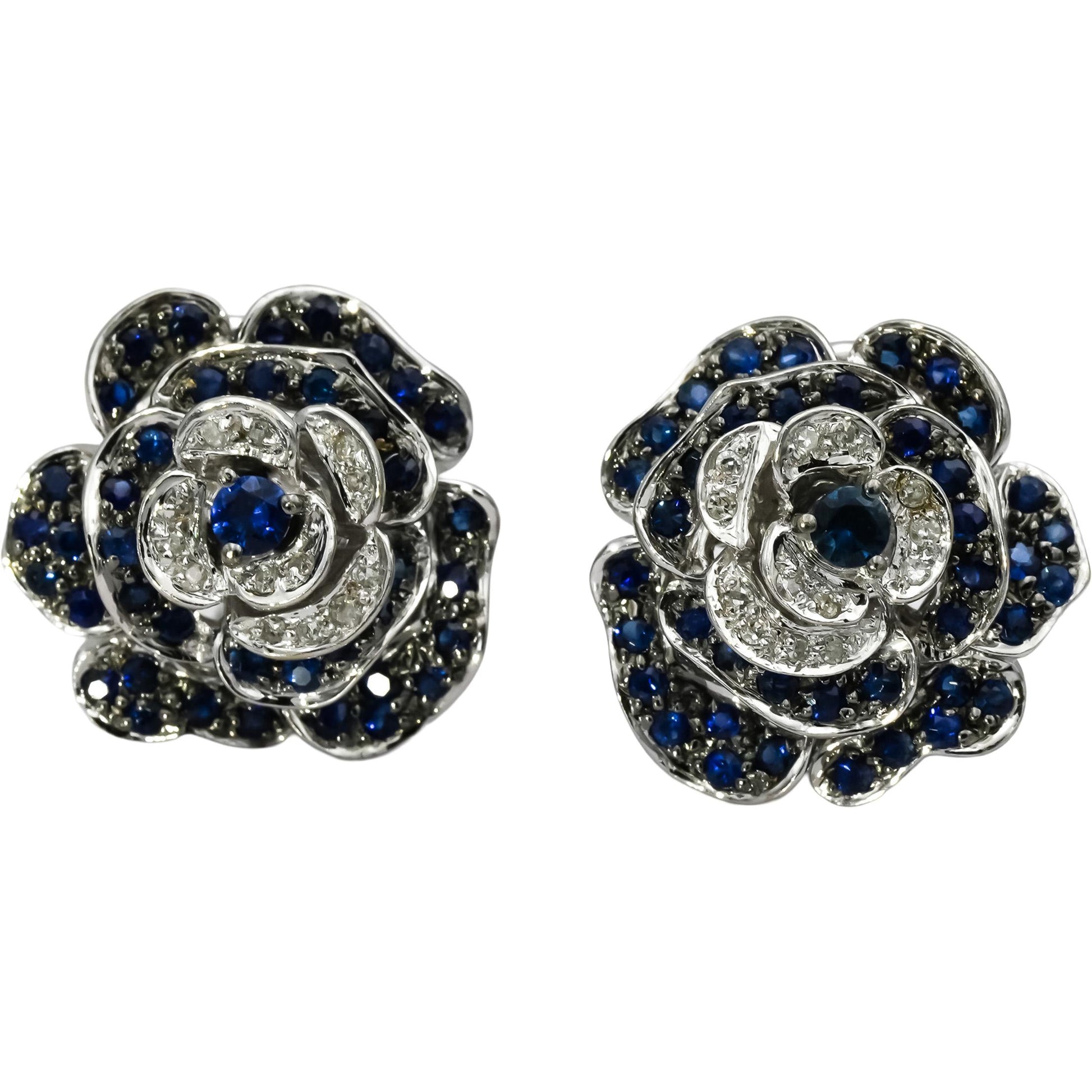 14k White Gold Diamond and Sapphire Flower Earrings 1.50CT