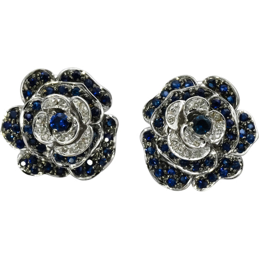 14k White Gold Diamond and Sapphire Flower Earrings 1.50CT