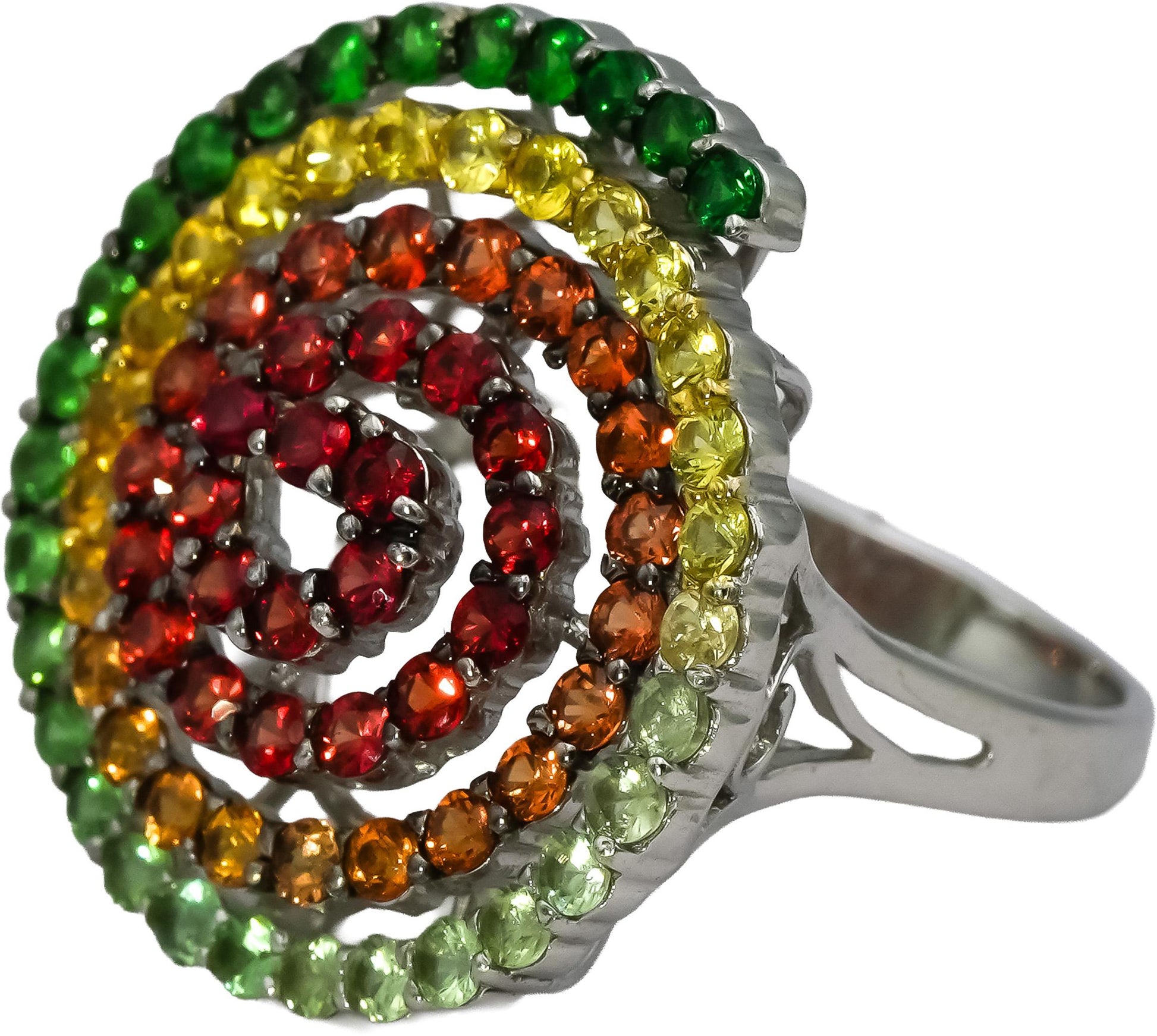 14k White Gold Round Rainbow Gemstone Spiral Ring 2.0CT Size 7.25